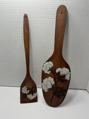 Vintage Tole Painted Folk Art Wooden Paddle Spoon & Spatula Plaque Set W/cotton
